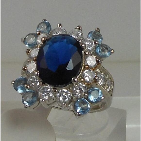 Sterling Silver Cocktail Ring Simulated Diamond Sapphire Topaz CZ Vintage Size 6 - Picture 1 of 10